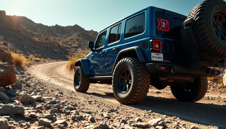 2025 Jeep Wrangler with premium all-terrain tires on a rocky trail