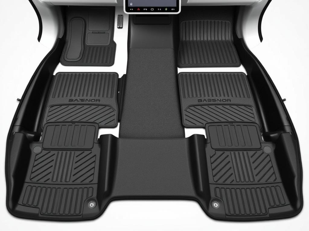 BASENOR Tesla Model Y floor mats showing budget-friendly complete set with front trunk coverage