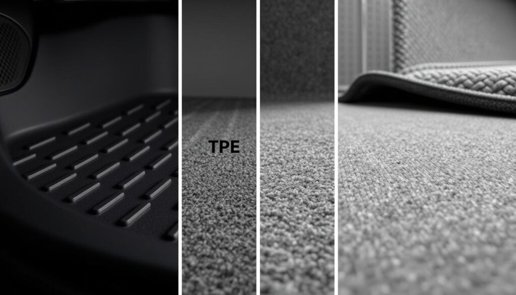 Comparison of different floor mat materials and designs for Tesla Model Y showing texture differences