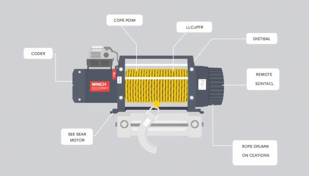 Diagram showing key components of a Jeep winch including motor, gear system, and rope drum Diagram showing key components of a Jeep winch including motor, gear system, and rope drum