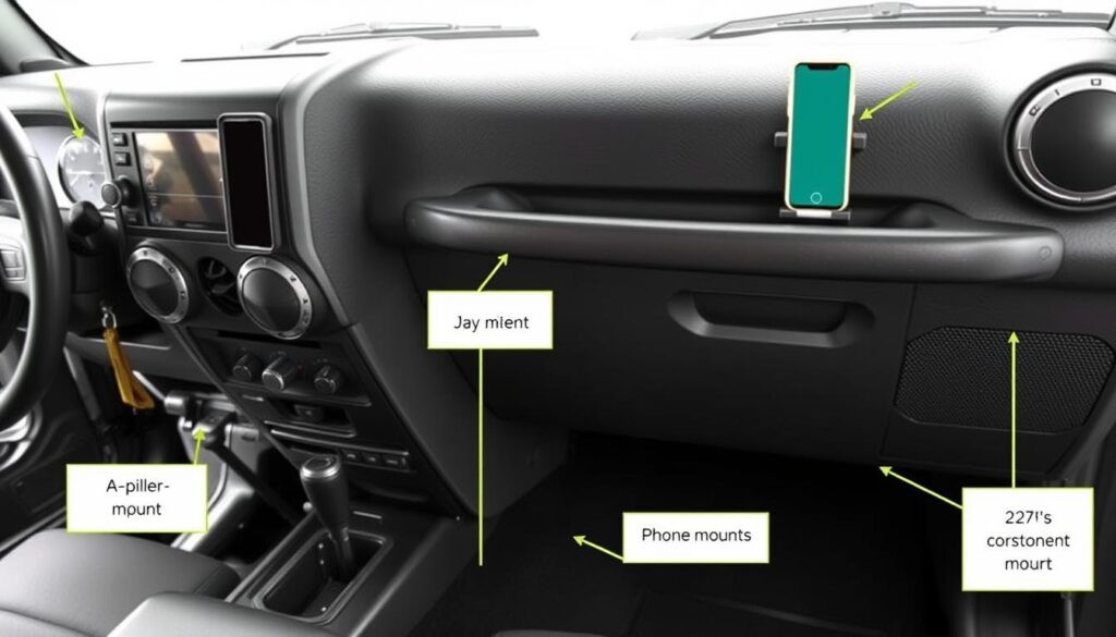 Jeep Wrangler JK interior dashboard showing potential phone mount locations Jeep Wrangler JK interior dashboard showing potential phone mount locations