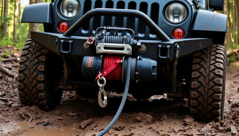 Jeep Wrangler with winch mounted on front bumper during off-road recovery