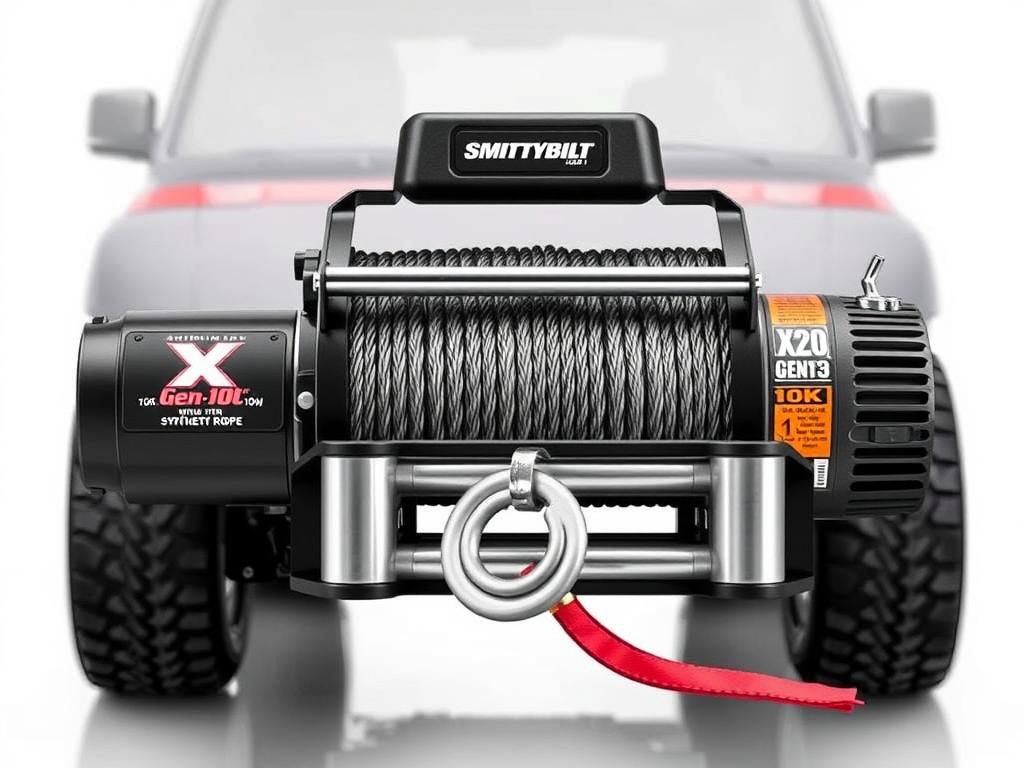 Smittybilt X2O Gen3 10K winch for Jeep with synthetic rope mounted on bumper Smittybilt X2O Gen3 10K winch for Jeep with synthetic rope mounted on bumper