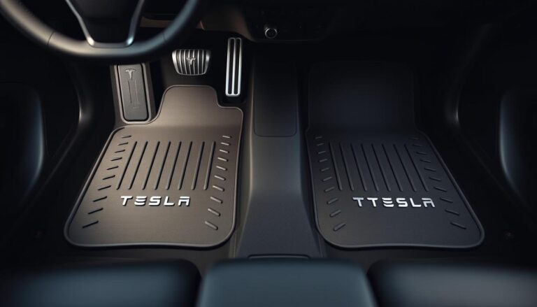 Tesla Model Y interior with custom floor mats showing perfect fit and protection