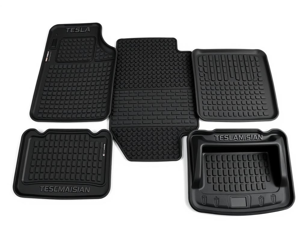 Tesmanian Model Y floor mats showing complete set with front, rear and cargo mats