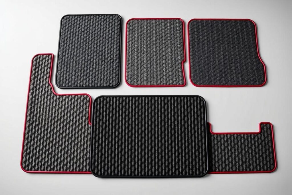 Top 5 custom floor mats for Tesla Model Y 2021-2024 displayed side by side showing different textures and designs